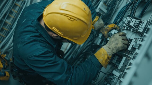 A worker in a yellow helmet repairs electrical equipment, showcasing hands-on expertise in a technical environment.