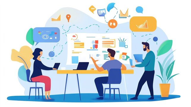 Business leaders working with marketing professionals to develop a product launch plan.