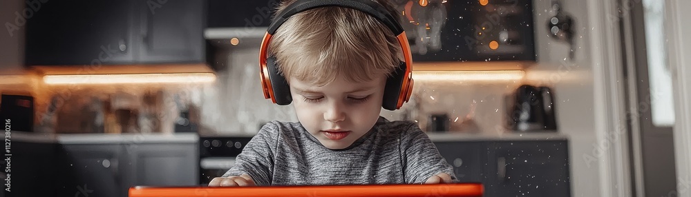Poster a generation alpha child engaging with technology through wireless headphones in a modern home setti