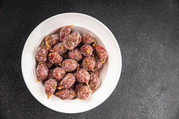 small smoked sausages appetizer mini salami sausage kabanosy fast food fresh tasty food dish delicious gourmet food background on the table rustic food top view copy space