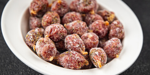 small smoked sausages appetizer mini salami sausage kabanosy fast food fresh tasty food dish delicious gourmet food background on the table rustic food top view copy space