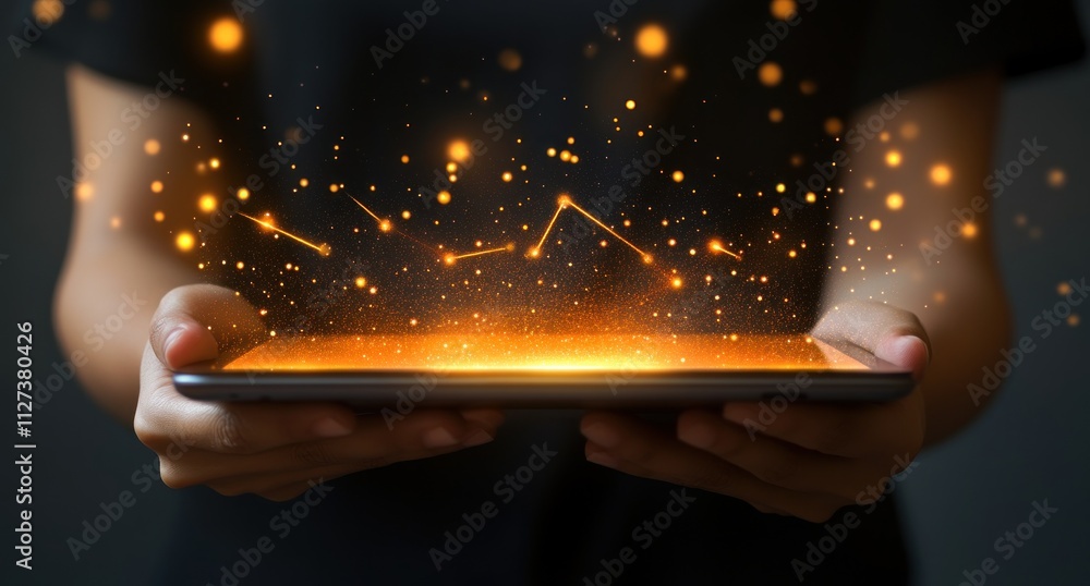 Poster a person holds a tablet emitting glowing particles, symbolizing digital innovation.