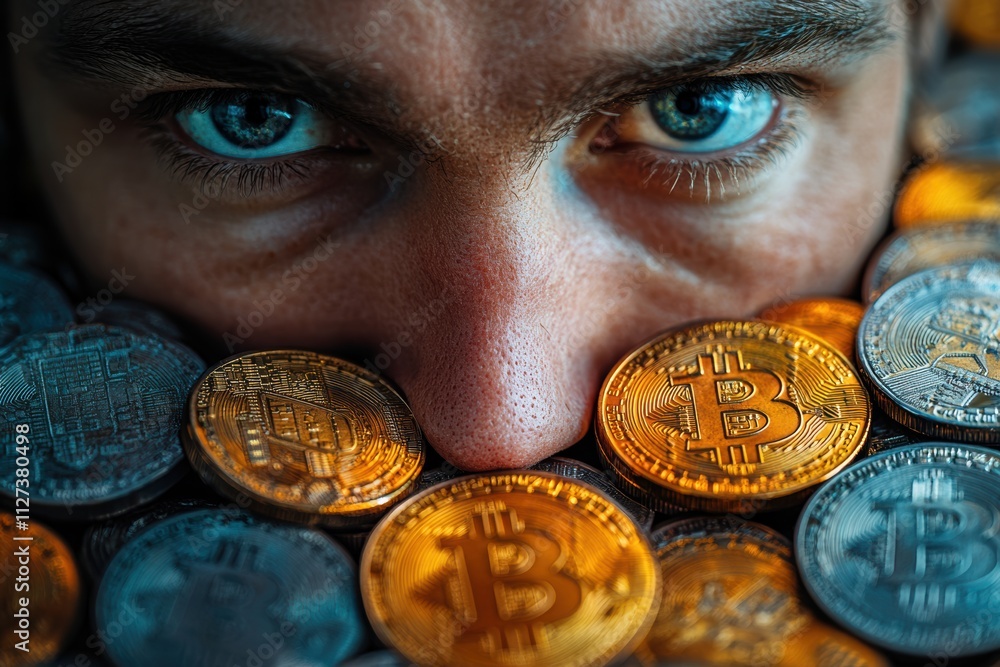 Poster surreal financial image of a man surrounded by vibrant bitcoin tokens, perfect for innovative brandi