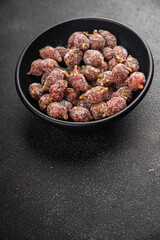small smoked sausages appetizer mini salami sausage kabanosy fast food fresh tasty food dish delicious gourmet food background on the table rustic food top view copy space
