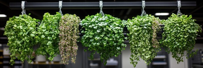Fototapeta premium Vibrant hanging plants decorate an industrial office space, enhancing the atmosphere with lush greenery