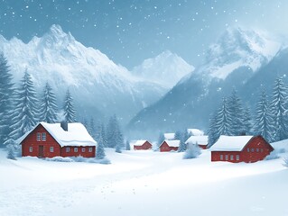 Naklejka premium Red Cabins Nestled In Snowy Mountain Valley