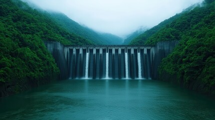 A serene waterfall cascades over a dam surrounded by lush, green hills under a misty sky.