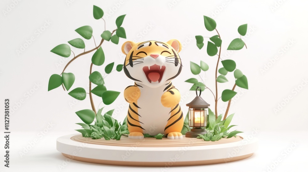 Poster a cheerful cartoon tiger figurine surrounded by greenery and a lantern on a circular base.