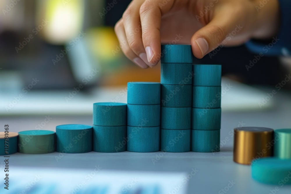 Poster A hand arranging teal wooden blocks in a bar graph formation on a table.