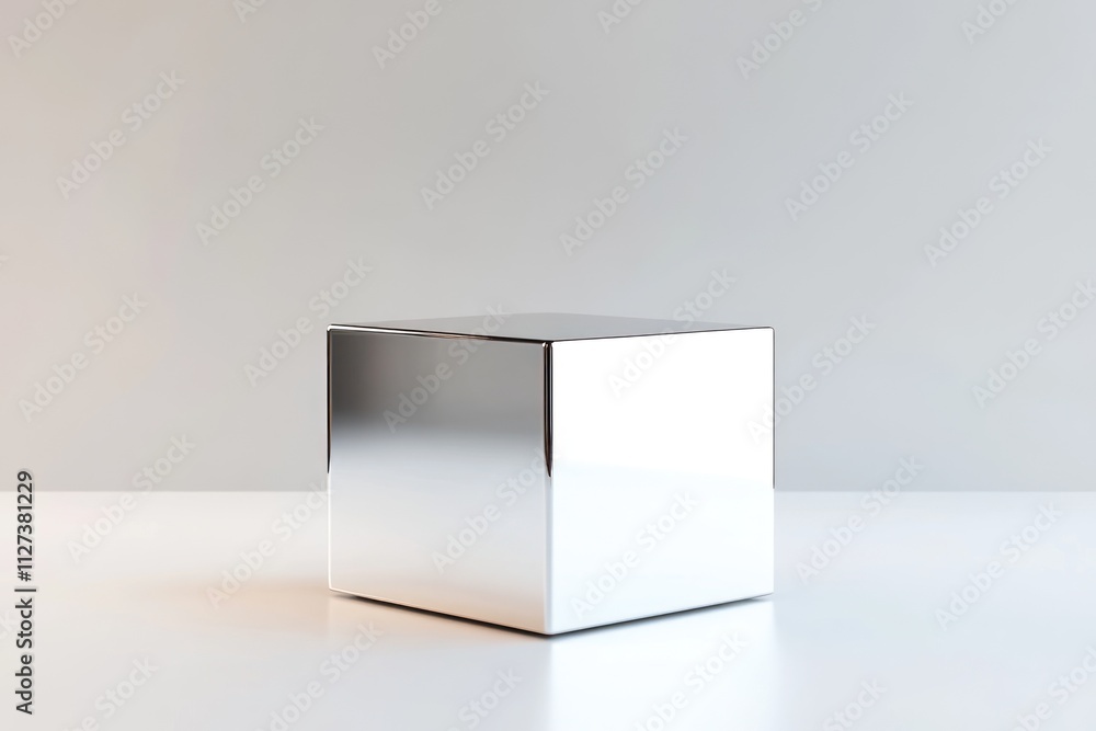 Poster A reflective metallic cube on a smooth surface, emphasizing minimalism and design.