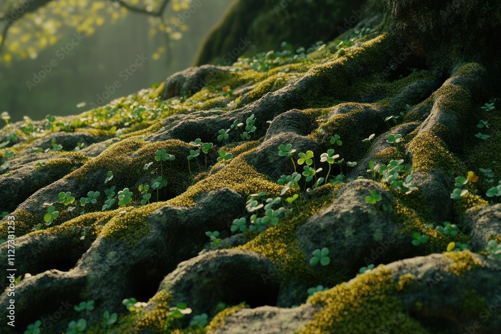 Poster a close-up view of moss-covered tree roots with small plants in a serene forest setting.