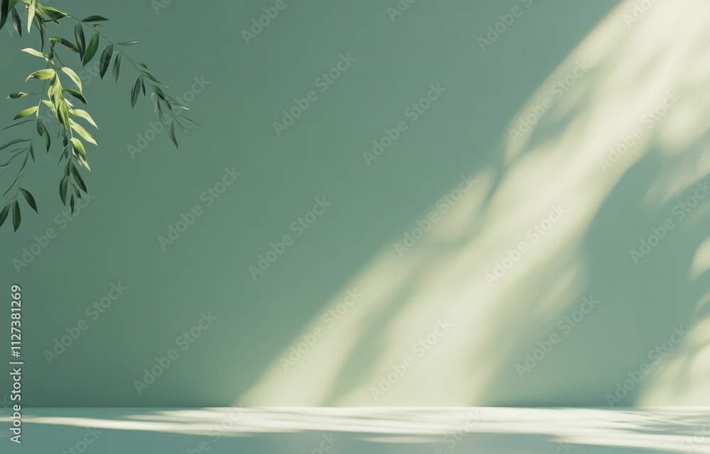 Poster A serene green background with soft shadows and a leafy branch, creating a calming atmosphere.