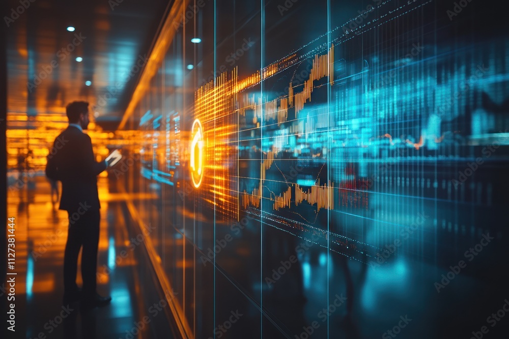 Fototapete A business professional interacts with digital data visualizations in a modern environment.