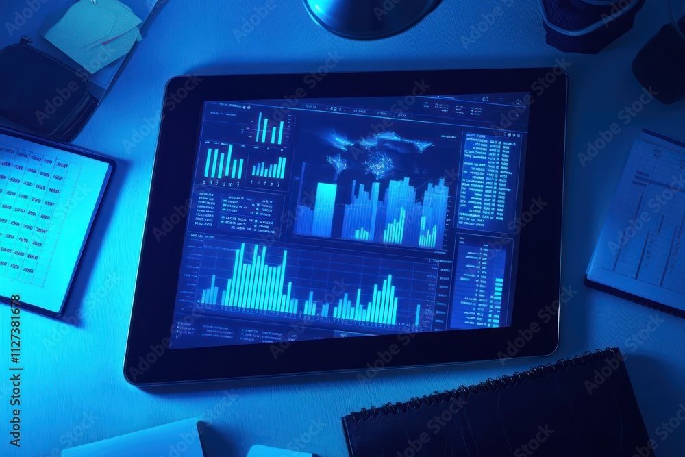 Aufkleber A tablet displaying data visualizations and graphs in a dimly lit workspace.