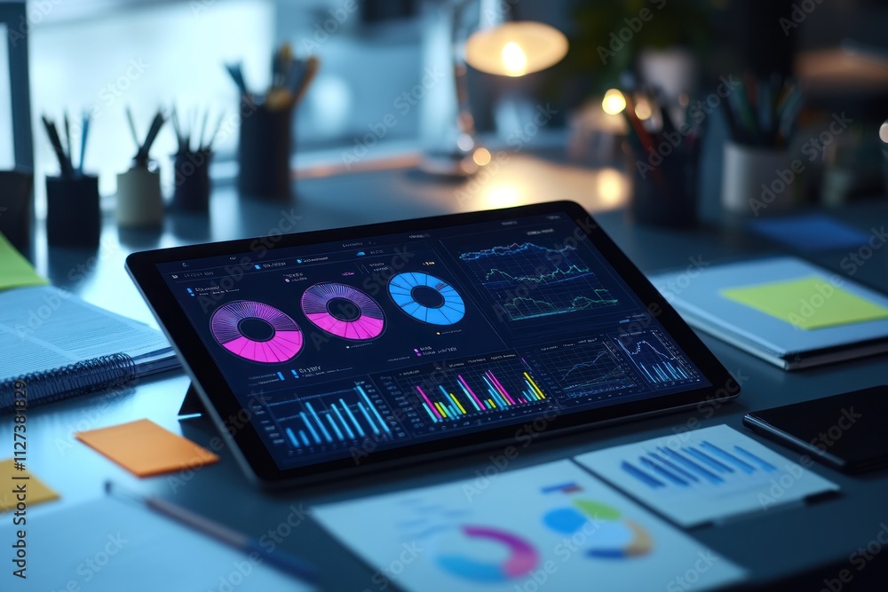 Poster A tablet displaying colorful data visualizations on a desk with stationery and notes.