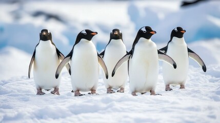 Obraz premium Group of Penguins Walking on Snowy Landscape in Arctic Environment