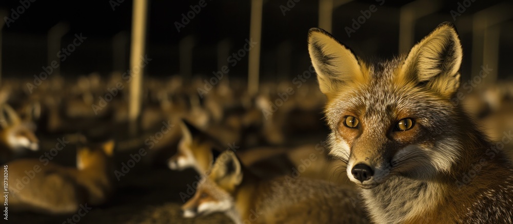 Aufkleber a close-up of a fox amidst a group of foxes in a dimly lit environment.
