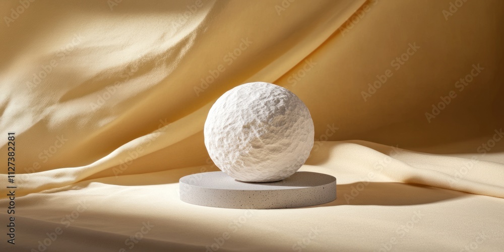 Poster a textured white sphere on a circular base, set against soft draped fabric.