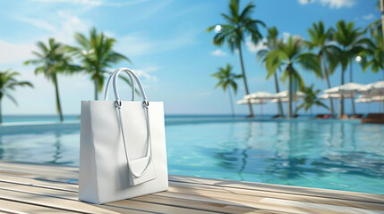 Naklejka premium A white shopping bag placed on the edge of a wooden bridge at the beach