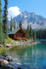 Obraz premium A picturesque wooden cabin nestled by a tranquil mountain lake, surrounded by pine trees and towering peaks under a clear blue sky.