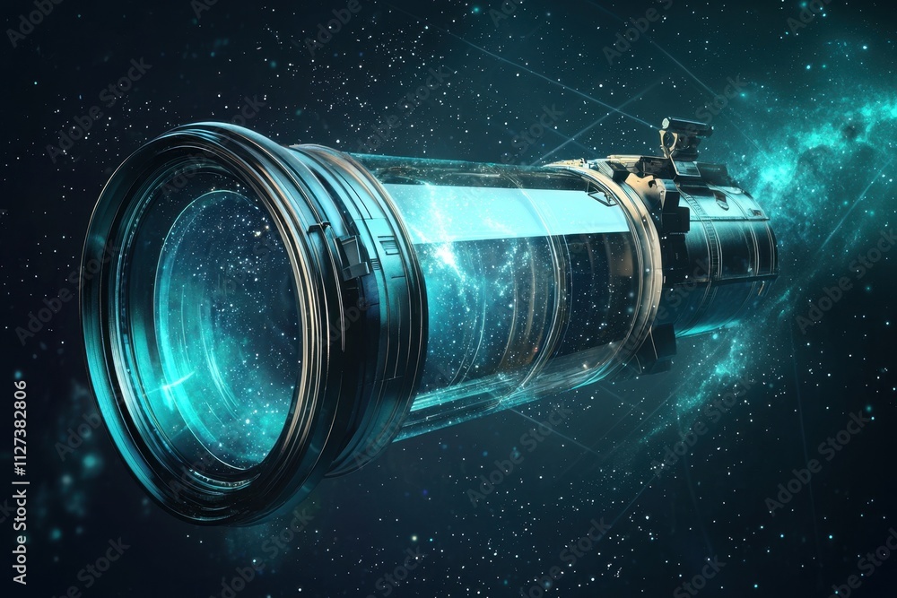 Wall mural a blue telescope is shown in space with a blue background