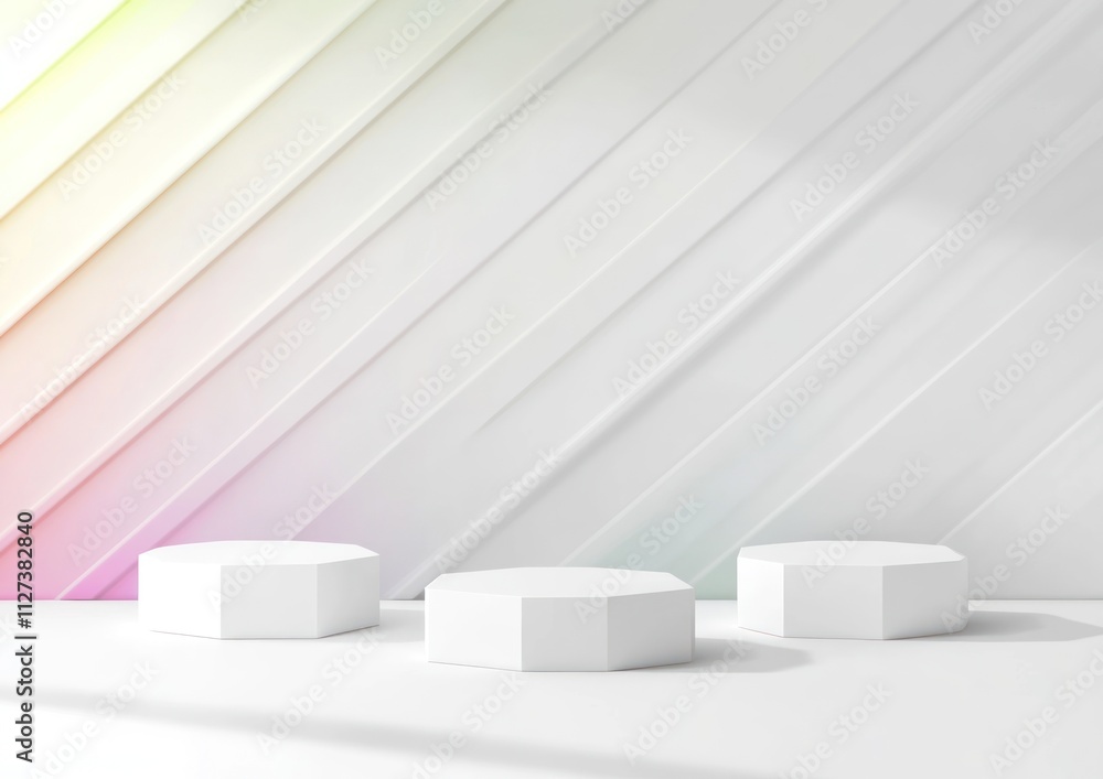Poster Minimalist display with three white octagonal platforms against a textured wall.