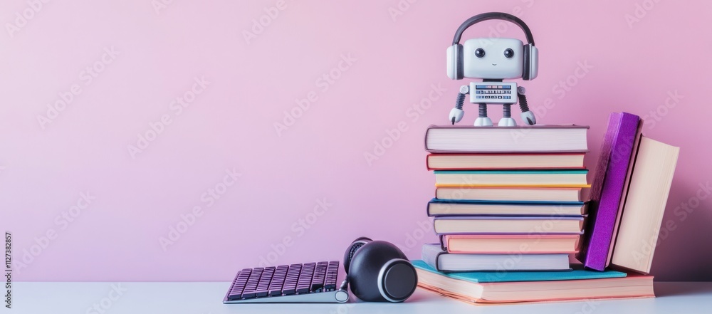 Poster a playful robot sits atop colorful books with headphones, symbolizing learning and technology.