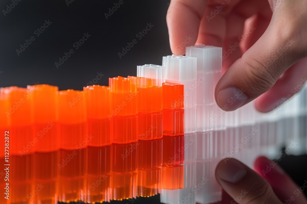 Aufkleber a hand arranges colorful transparent blocks reflecting on a surface.