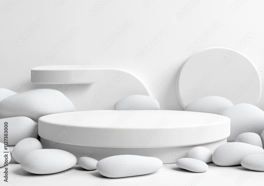 Poster a minimalist display featuring smooth, white stones and geometric shapes on a clean background.