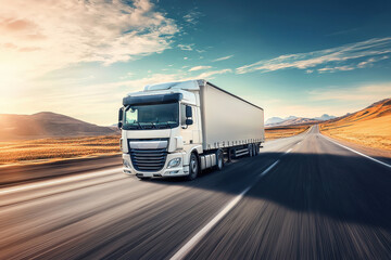 A large semi truck is driving down a road with mountains in the background