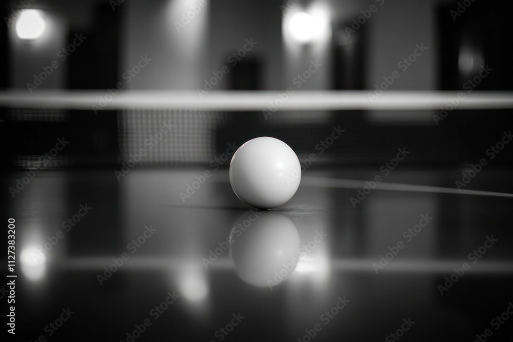 Poster a close-up of a white ping pong ball resting on a dark table, reflecting light.