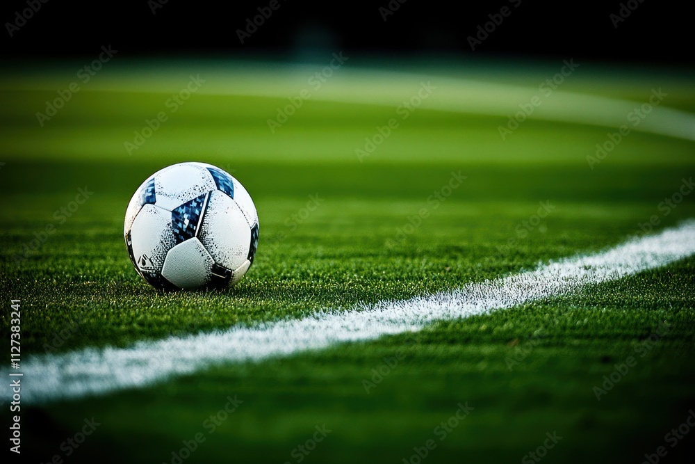 Poster a close-up of a soccer ball resting on the grass near the field's white boundary line.