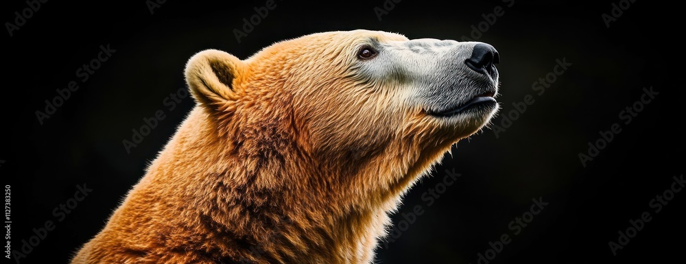 Poster a close-up portrait of a bear, showcasing its fur and expressive features against a dark background.