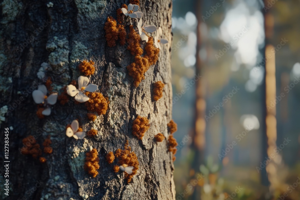 Poster a close-up of a tree trunk adorned with orange fungi and mushrooms in a forest setting.