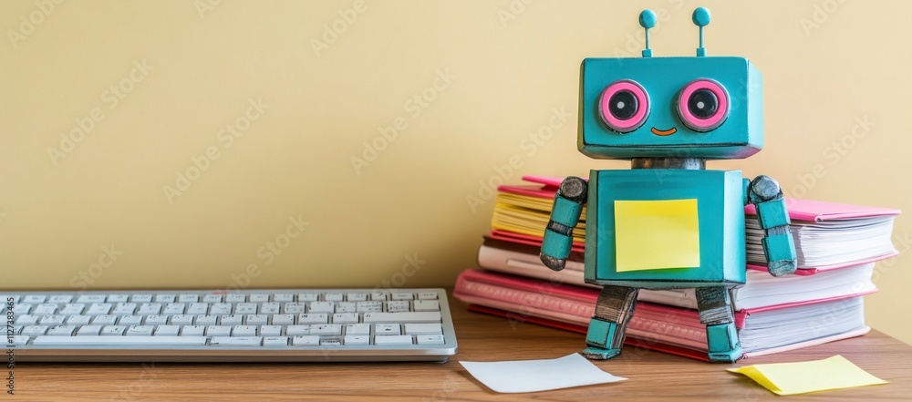 Poster A cheerful robot stands next to a keyboard and stacked notebooks on a desk.