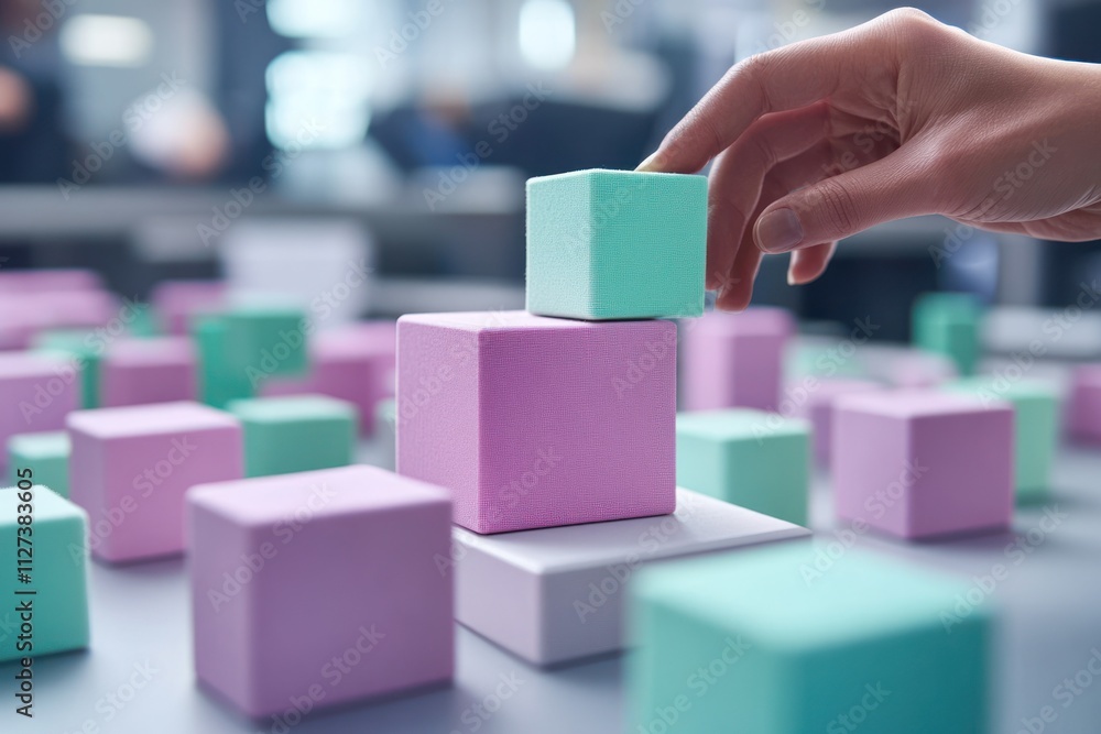 Poster a hand stacking pastel-colored cubes on a table, emphasizing creativity and playfulness.