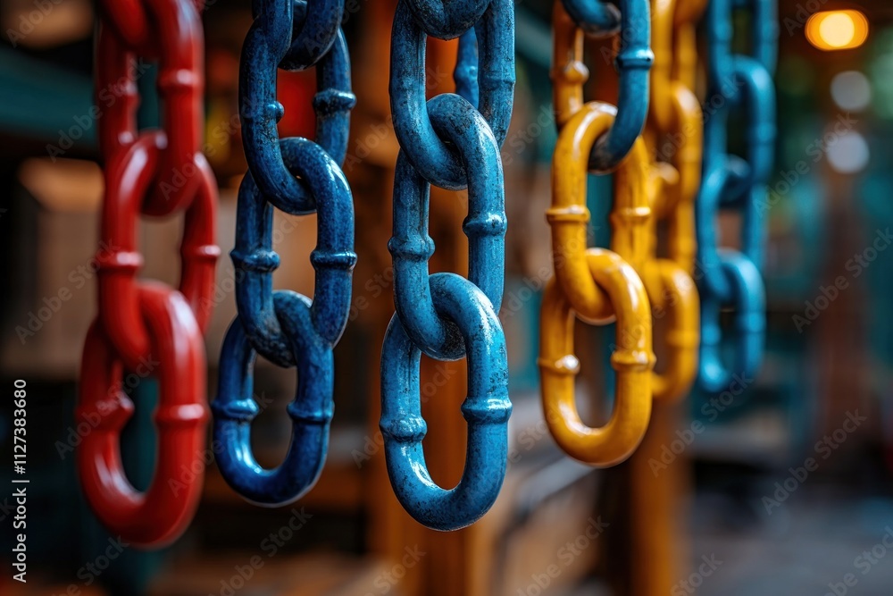 Poster colorful chains hang from the ceiling of an abandoned workshop, adding vibrancy to the desolate spac