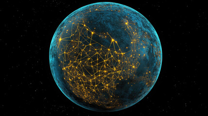 Naklejka premium Generative AI illustration of glowing planet with yellow network connecting cities on black background