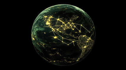 Generative AI illustration of glowing planet with yellow network connecting cities on black background