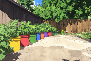 Naklejka premium A row of colorful pots are lined up in a garden