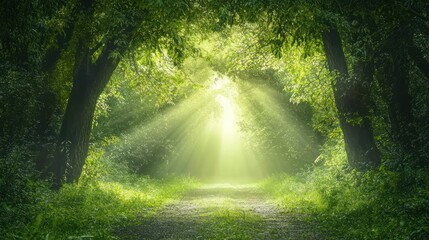Obraz premium Sunbeams Illuminating a Mystical Forest Path