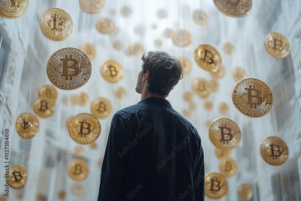 Aufkleber surreal financial storytelling featuring a man standing amidst floating bitcoin tokens in a sleek de