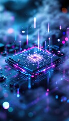 Futuristic Quantum Chip With Glowing Neon Circuits In Technological Background