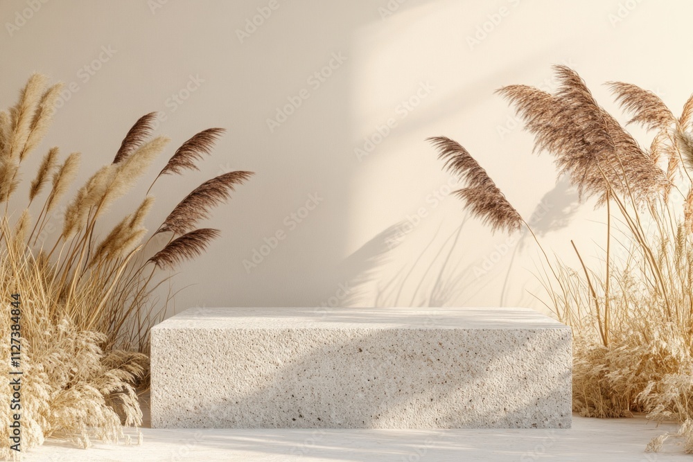 Poster minimalistic scene featuring a stone bench and dried grass against a light background.