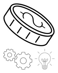 Coin with dollar sign symbolizing money, gears representing system processes, and lightbulb indicating ideas and innovation. Ideal for business strategy, financial planning, innovation, investments