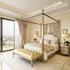 Luxurious Bedroom with Four-Poster Bed, Gold Accents, Tufted Bench, and Elegant Draped Curtains