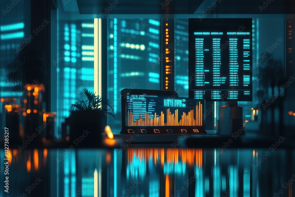 Poster A futuristic workspace featuring digital displays and glowing data visuals.