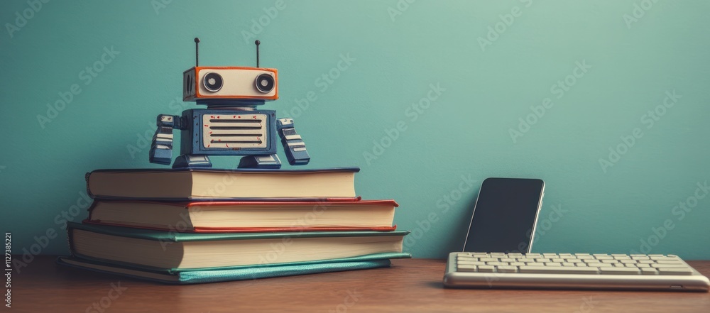 Poster a vintage toy robot sits atop stacked books next to a smartphone and keyboard on a desk.