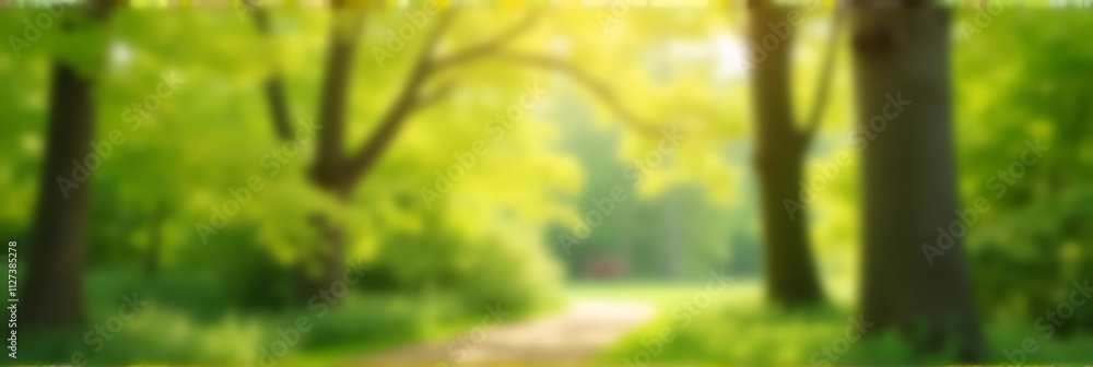 Poster blurred bokeh of trees in a lush morning garden with greenery and vibrant colors of spring or summer