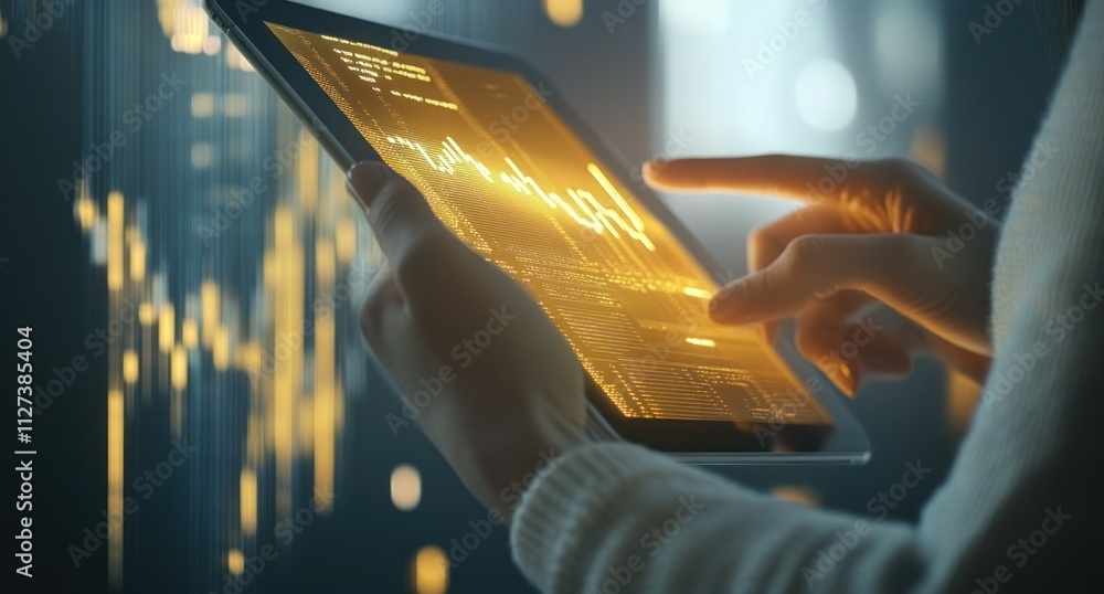 Aufkleber A person interacting with a tablet displaying data visualizations and graphs.